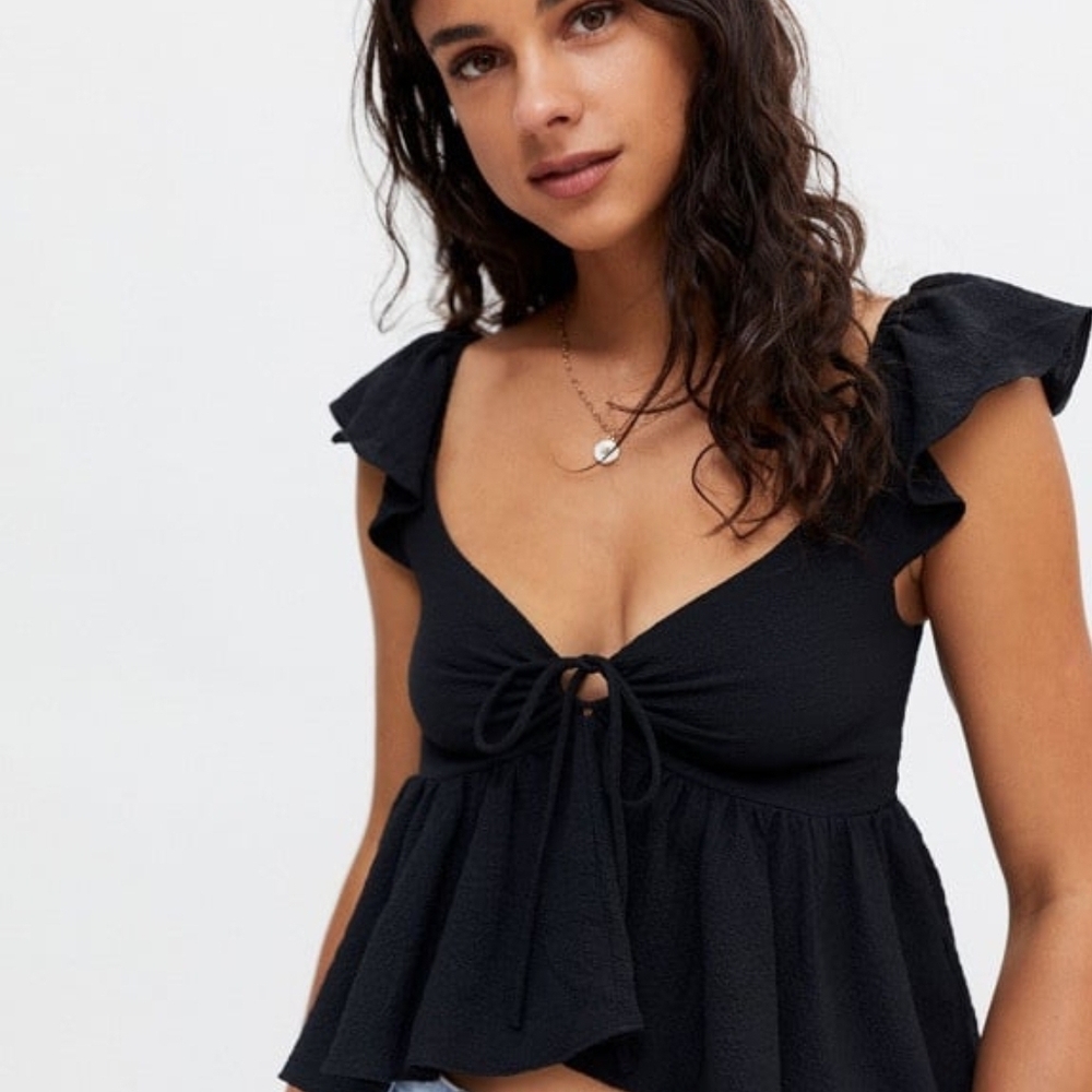 Black Flutter Sleeve Peplum Blouse with Tie Front